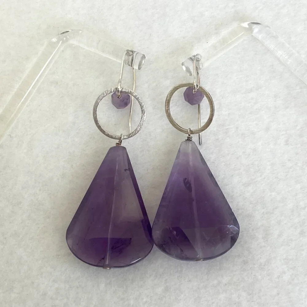 Deb Guyot Sterling Silver 925 Chunky Faceted Teardrop Amethyst Dangle Earrings